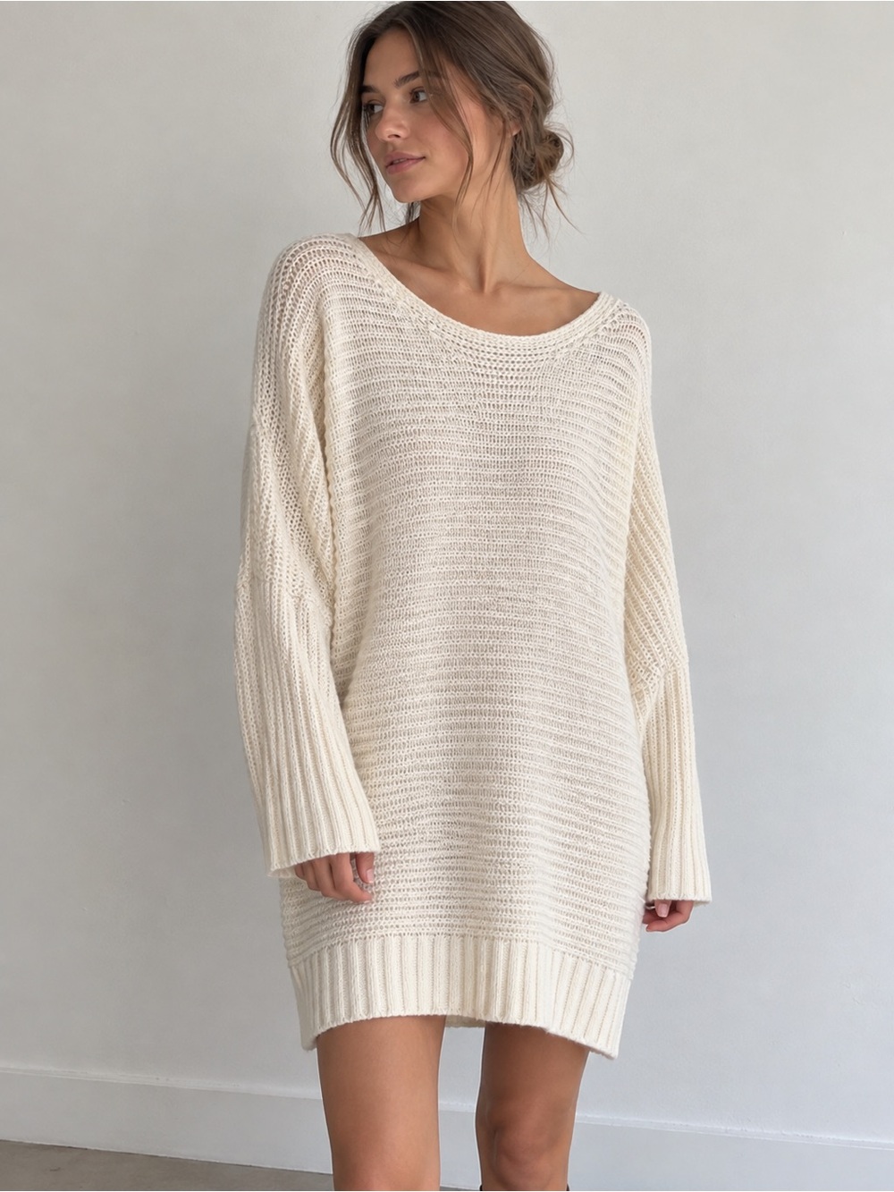 Pink Rose Cream Oversized Scoop-Neck Sweater
